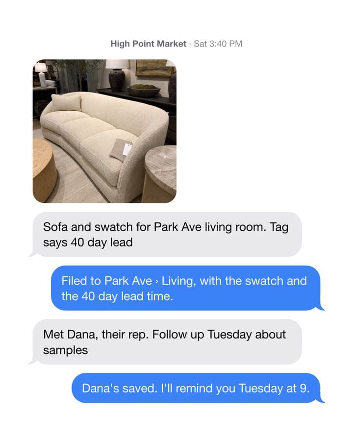 Designer texts a sofa and swatch for Park Ave and a note about meeting Dana the rep