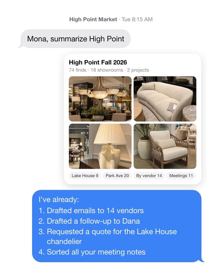 Designer texts summarize High Point; MONA sends the Market board and the follow-ups it already drafted